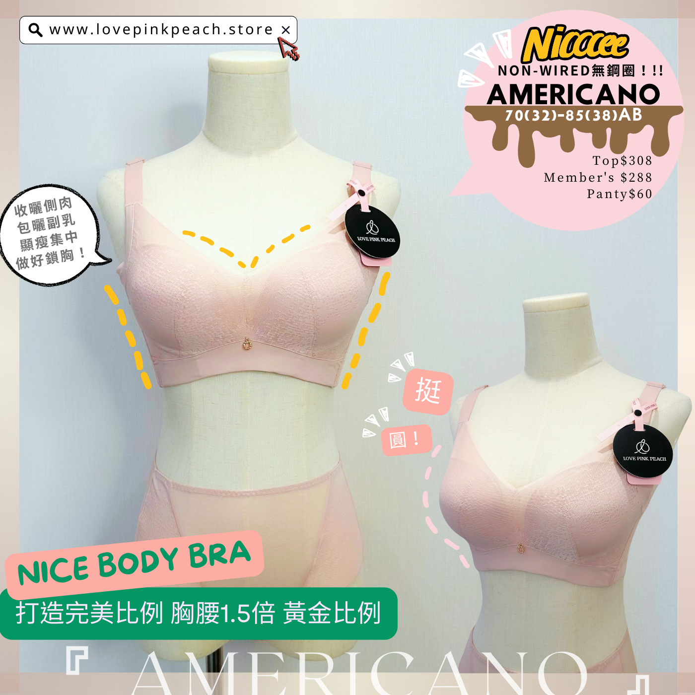 《 Americano  》 無痕修背  熨平車胎背  著出圓潤胸  集中Plus  上薄下厚曲線空氣棉杯  健康無鋼圈防乳腺阻塞  內衣