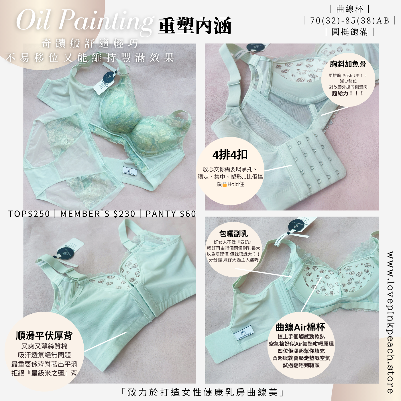 《 Oil Painting 》曲線空氣棉杯 夢幻色 修背包肉  提胸PushUp   健康無鋼圈防乳腺阻塞  內衣套裝