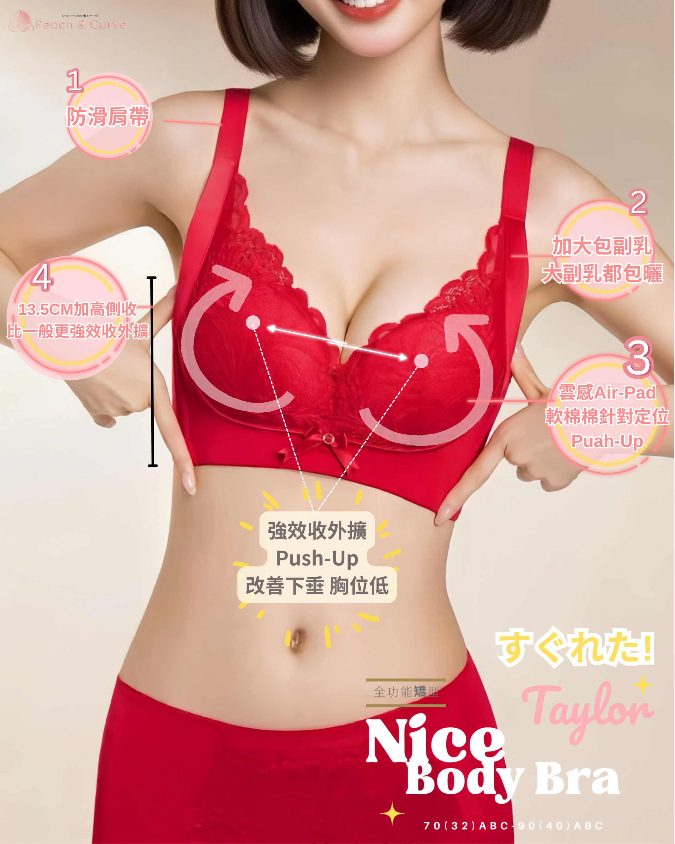 日系神顏全功能矯型『 Taylor 』超靚矯型內衣｜無鋼圈防乳腺阻塞更健康｜ 修背熨平車胎背｜ 著出圓胸 集中Plus ｜上薄下厚曲線空氣棉杯『 Taylor 』神顏全功能矯型｜超靚四色選擇